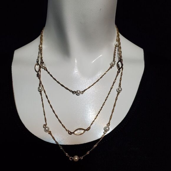 Avon Gold Tone & Faux Pearl Multilayer Necklace - Picture 2 of 5